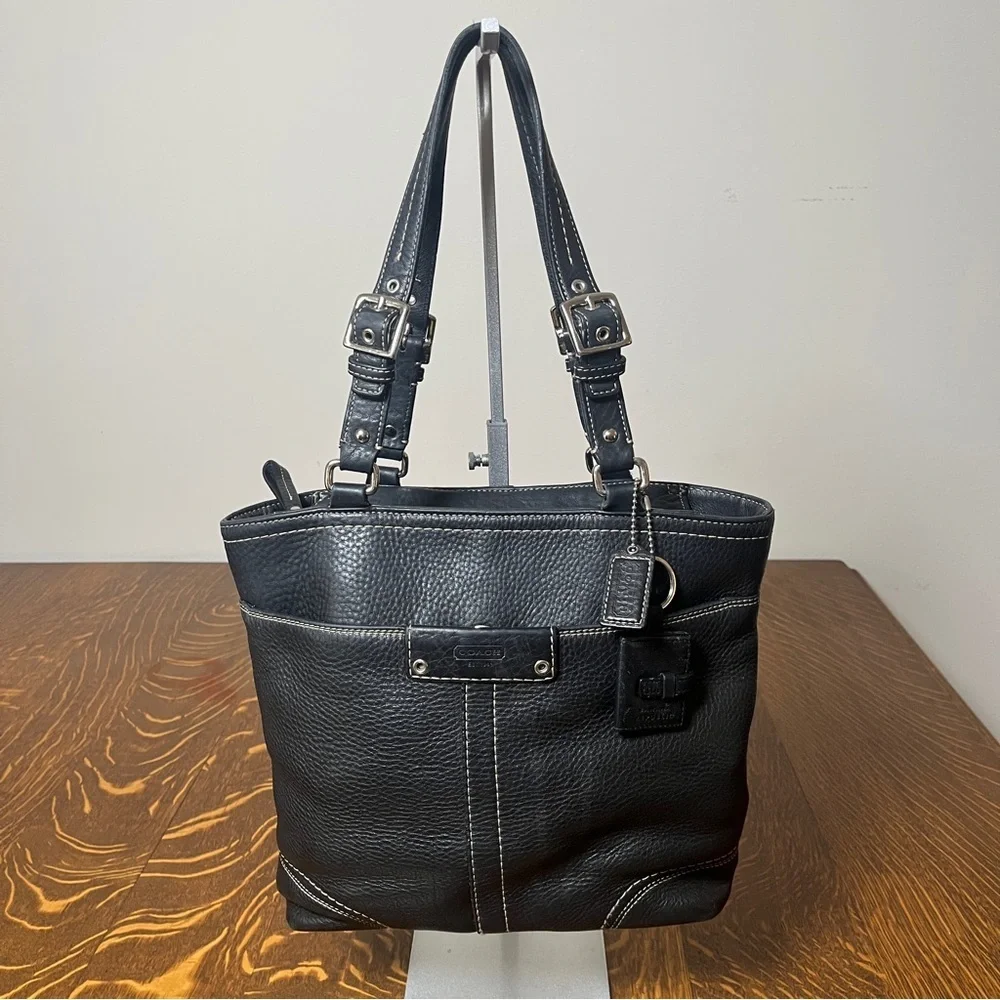 Coach Hamilton Black Pebbled Leather Tote with Buckle Straps & a photo bag charm